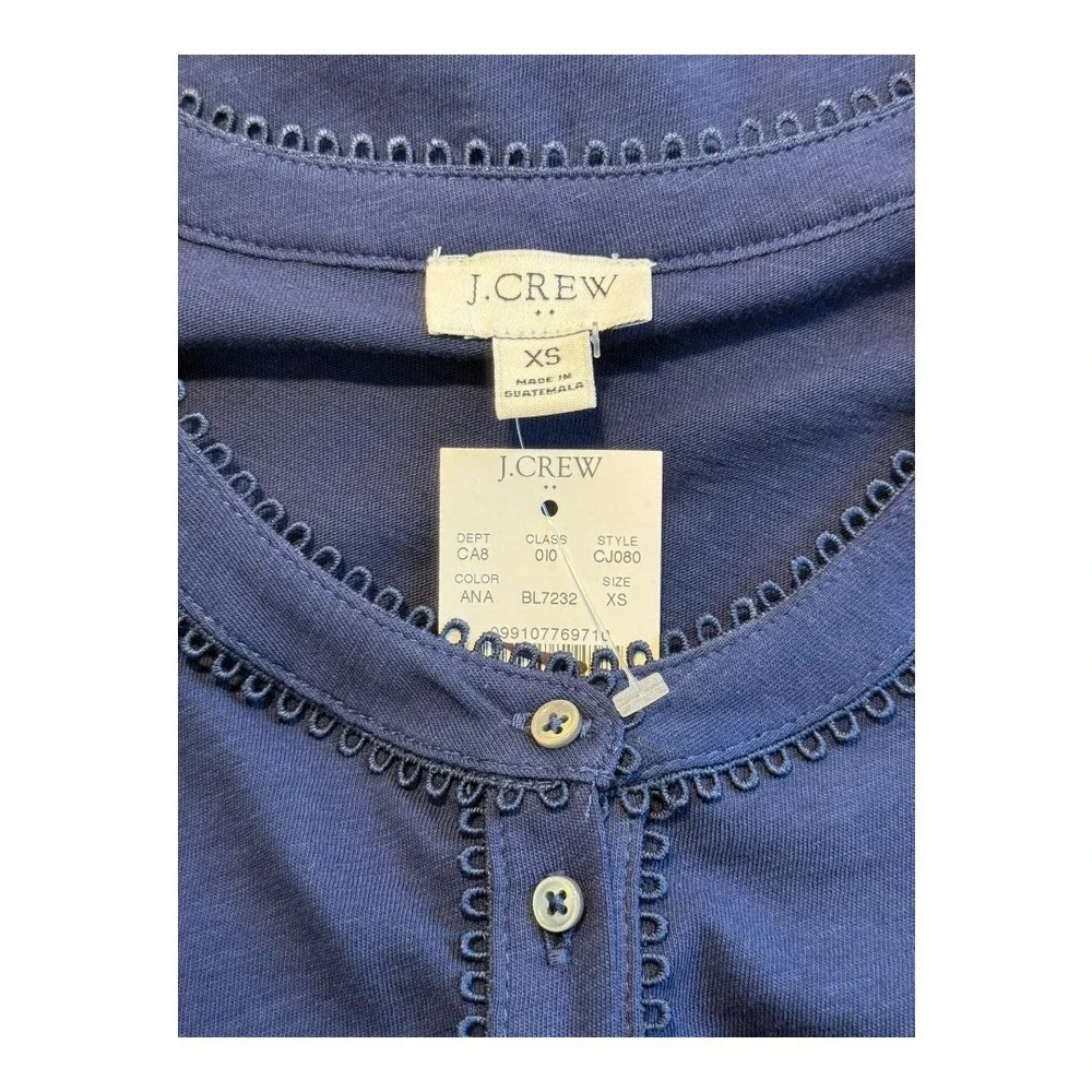 J. Crew Navy Blue Smocked Henley Knit Puff‎ Sleeve Top Women's XS NWT